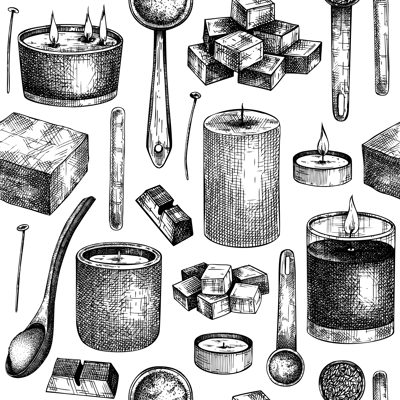 Aromatic candles making kit background. Vector backdrop with candle ingredients, wax and fragrant materials. Seamless pattern for aromatherapy, hygge home or holiday decoration, meditation.